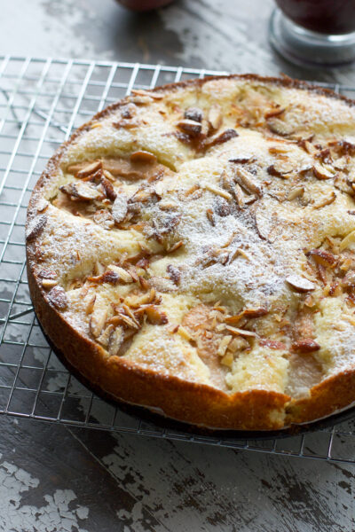 Italian Almond Pear Cake on a cooling rack