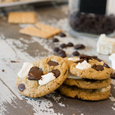 Chocolate chip marshmallow cookies in a stack.