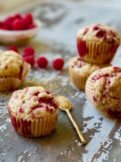 Lemon raspberry muffins in cupcake wrappers.