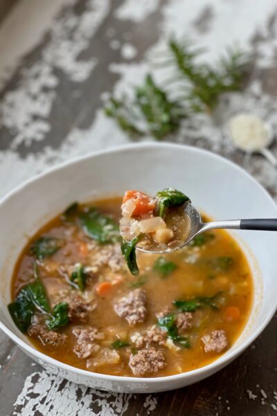 Spoonful of bison stew with carrots and spinach.