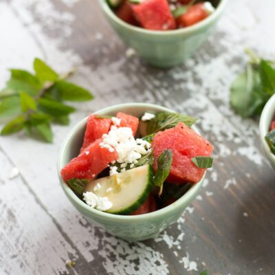 Two small bowls of Watermelon Cucumber Salad