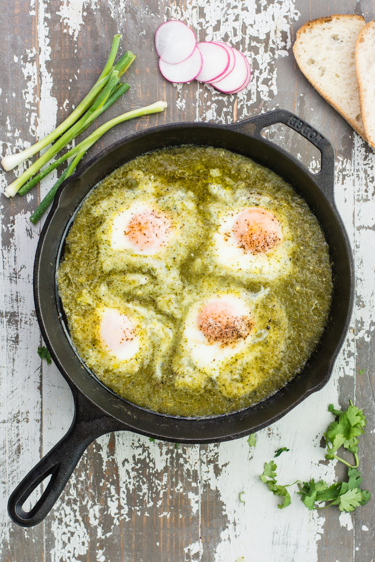 Salsa verde with baked eggs fresh out of the oven