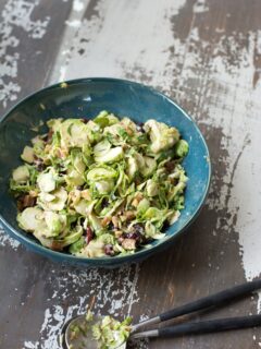 Brussels sprout cranberry salad dressed with greek yogurt vinaigrette
