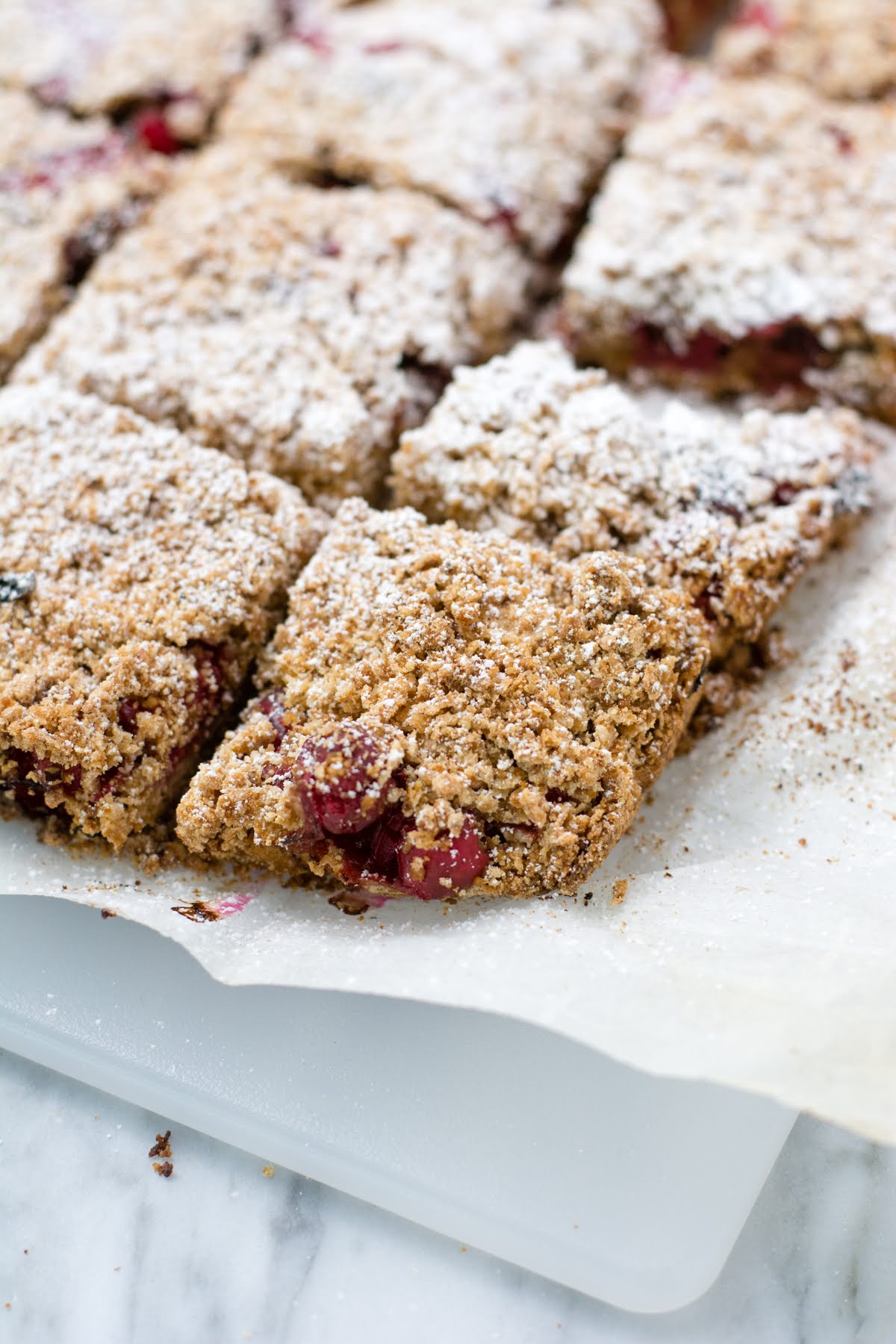 Cranberry bars with powdered sugar on top.