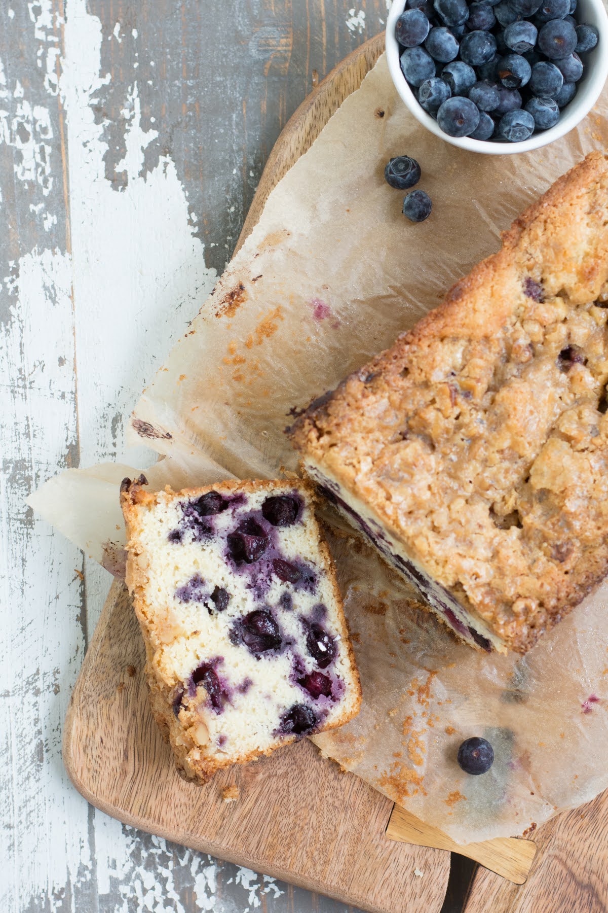Overhead shot of a blueberry loaf cake.