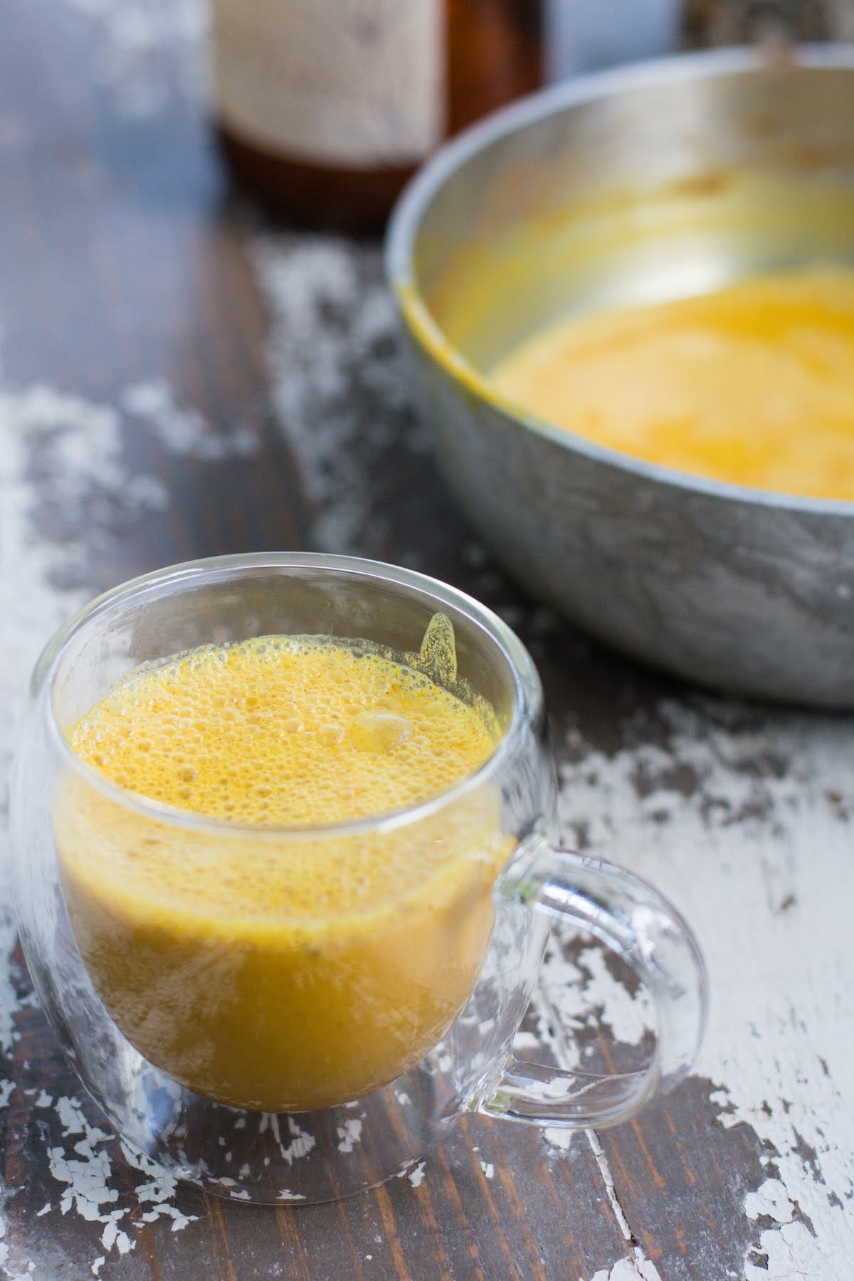 Turmeric milk with maca powder and spices.