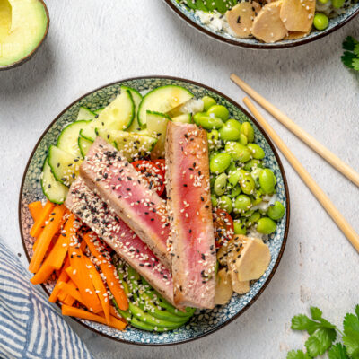 Freshly-made seared ahi tuna bowl.