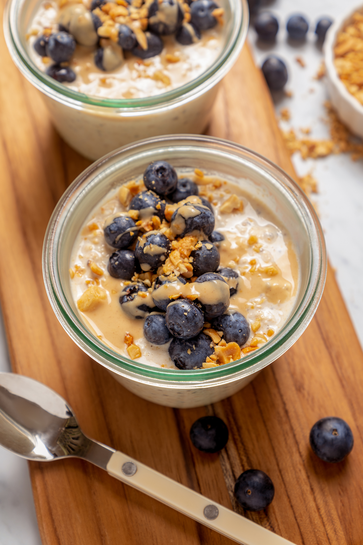 Sweet overnight oatmeal with fruit and peanut butter.