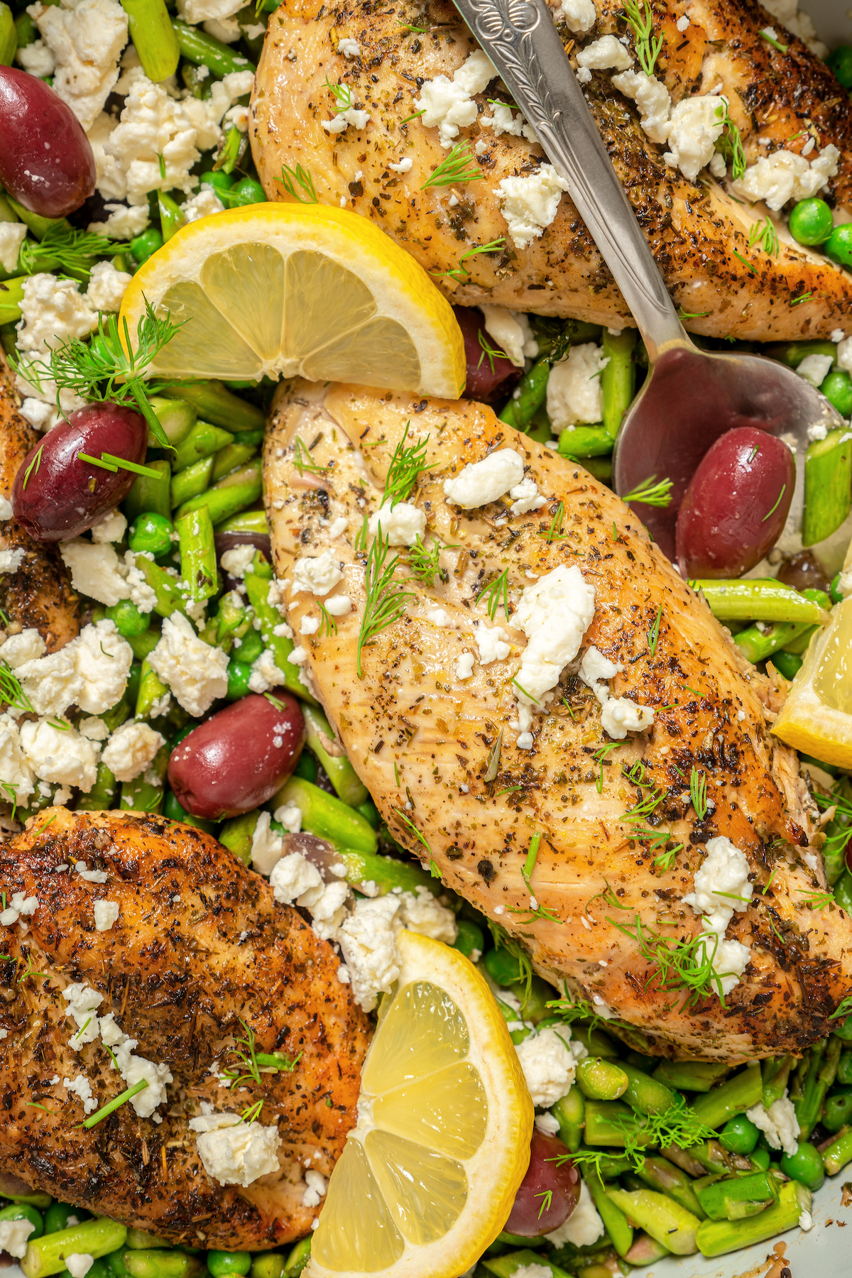Close-up of Greek chicken with feta cheese and olives.