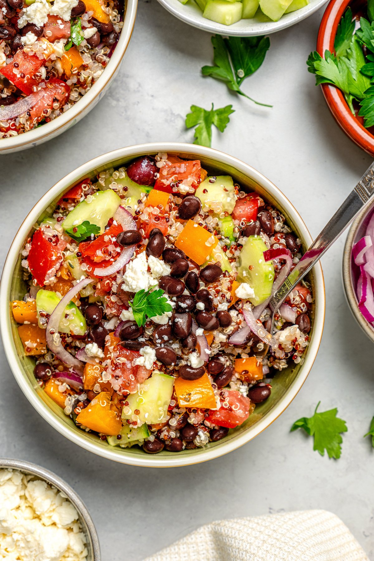 Overhead shot of colorful servings of salad, garnished with herbs.