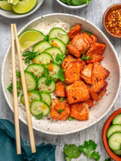 Salmon rice bowl with cucumbers.