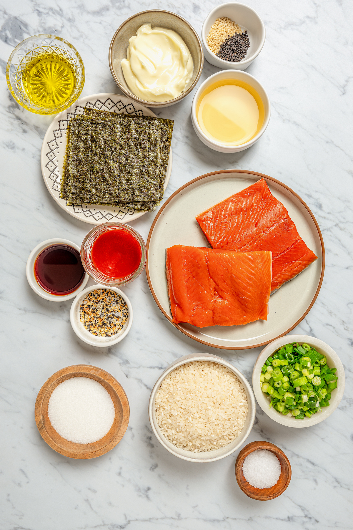 Ingredients for salmon sushi bake.