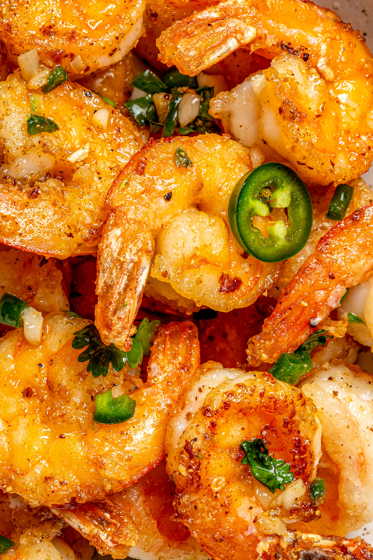 Take-out style shrimp with serrano chilis. 