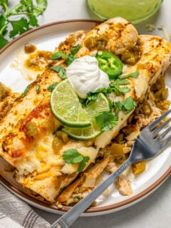 Enchiladas with sour cream on a plate.